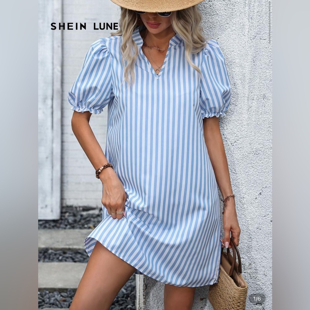 Shein Lune Blue Striped Puff Sleeve Dress NWT